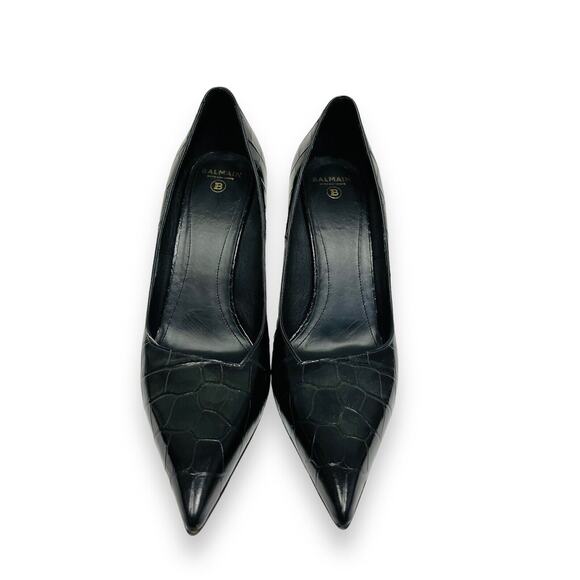 BALMAIN Black Leather Croc-Embossed MONETA Pointed Gold Heel Pumps 39 US 9 - Picture 3 of 10
